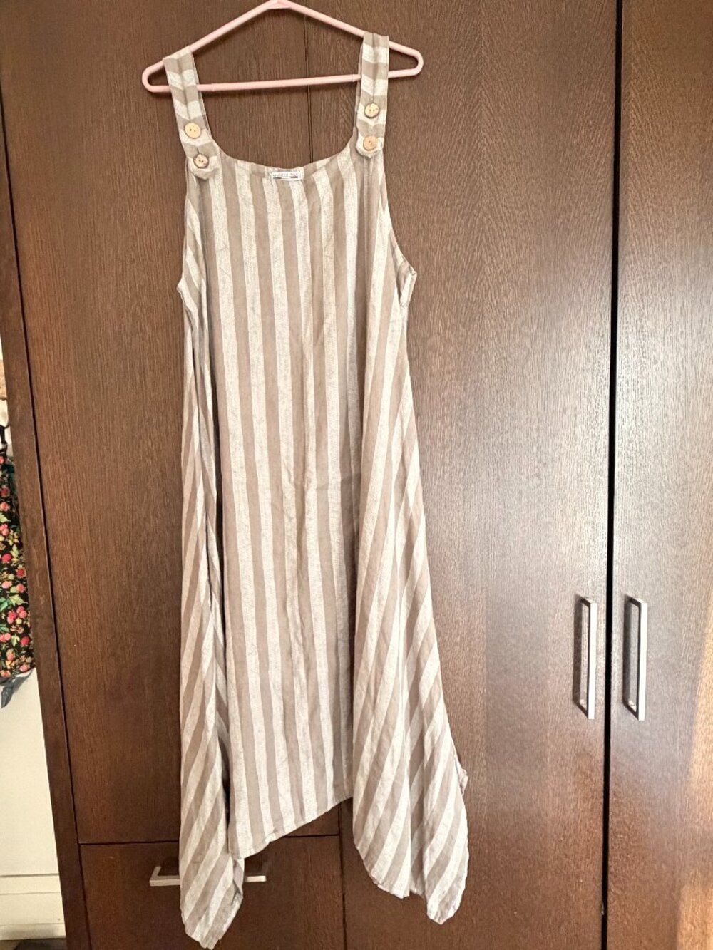 Luigi Moda Beige Striped 100% Linen Maxi Dress-Made in Italy-L/XL
